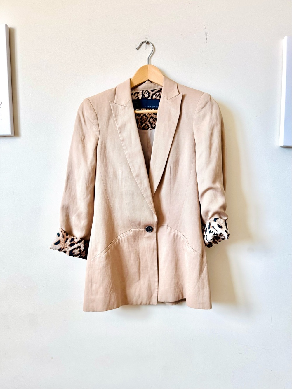 Zara Beige Blazer Linen Blend Leopard-Print Lining Size XS